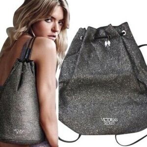 Victoria's Secret VS Bucket Backpack Black Silver Glitter Drawstring Tote Bag
